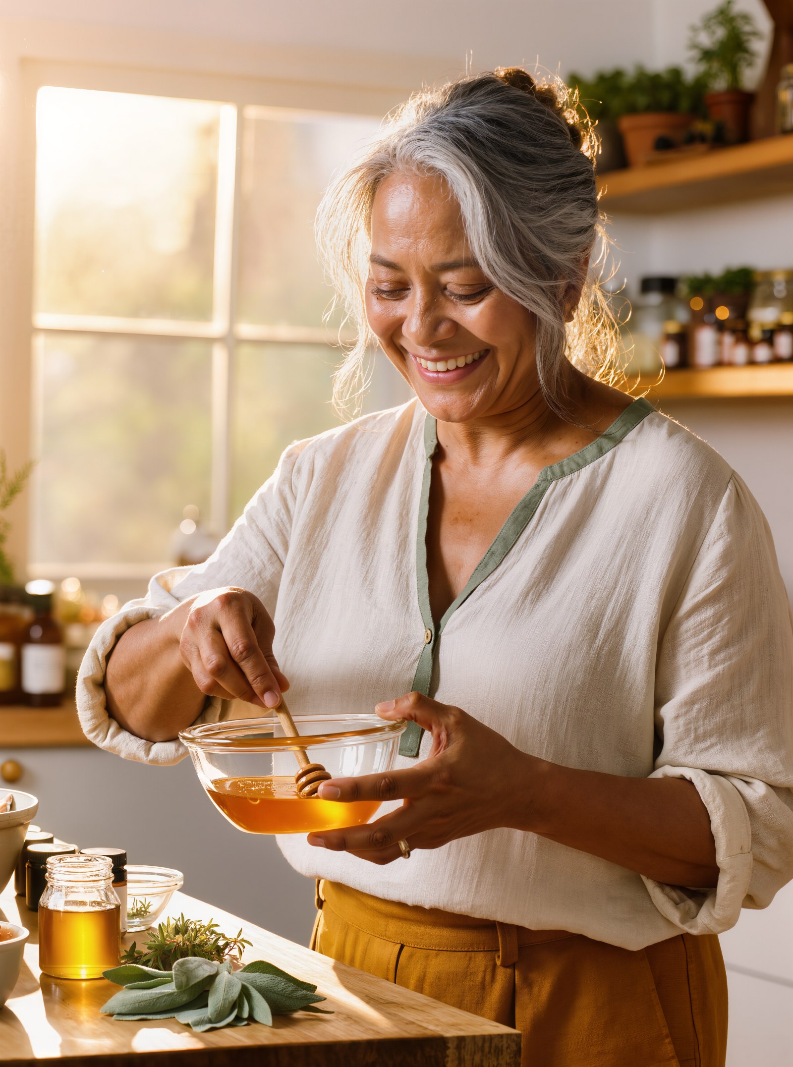 Mujer madura sonriendo mientras prepara una crema natural en su cocina