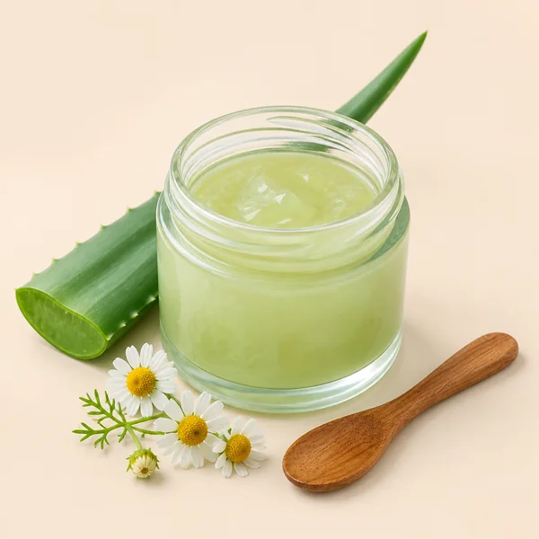 Crema casera de aloe vera en frasco de vidrio